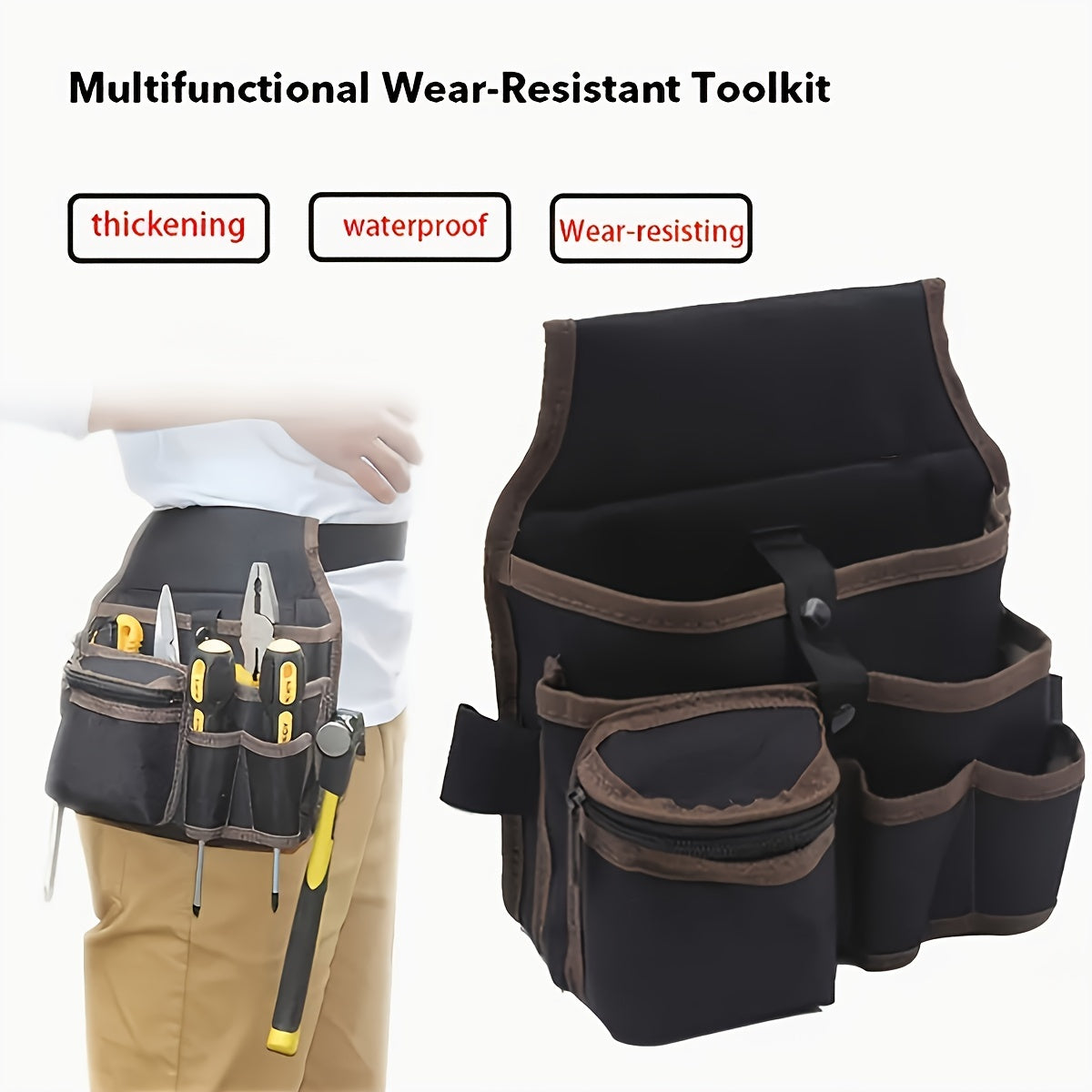 Single pack of durable black electrician tool belt with multiple pockets for hanging on waist, suitable for hand washing.