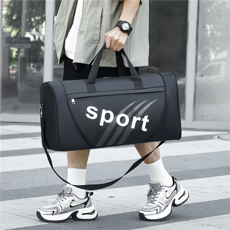 Unisex black nylon tote bag with adjustable shoulder strap and letter print for gym, yoga, sports, and leisure.