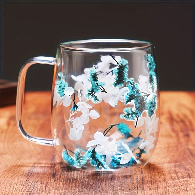 Double-layered glass coffee cup with flower design, suitable for office and home use, reusable.