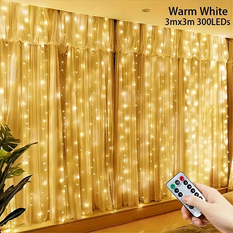 Teenage girl LED curtain string lights with remote control, available in 100/200/300 warm golden LEDs. Perfect for creating a cozy ambiance with a twinkle effect for all occasions. Suitable for indoor and outdoor use. Includes non-rechargeable battery.