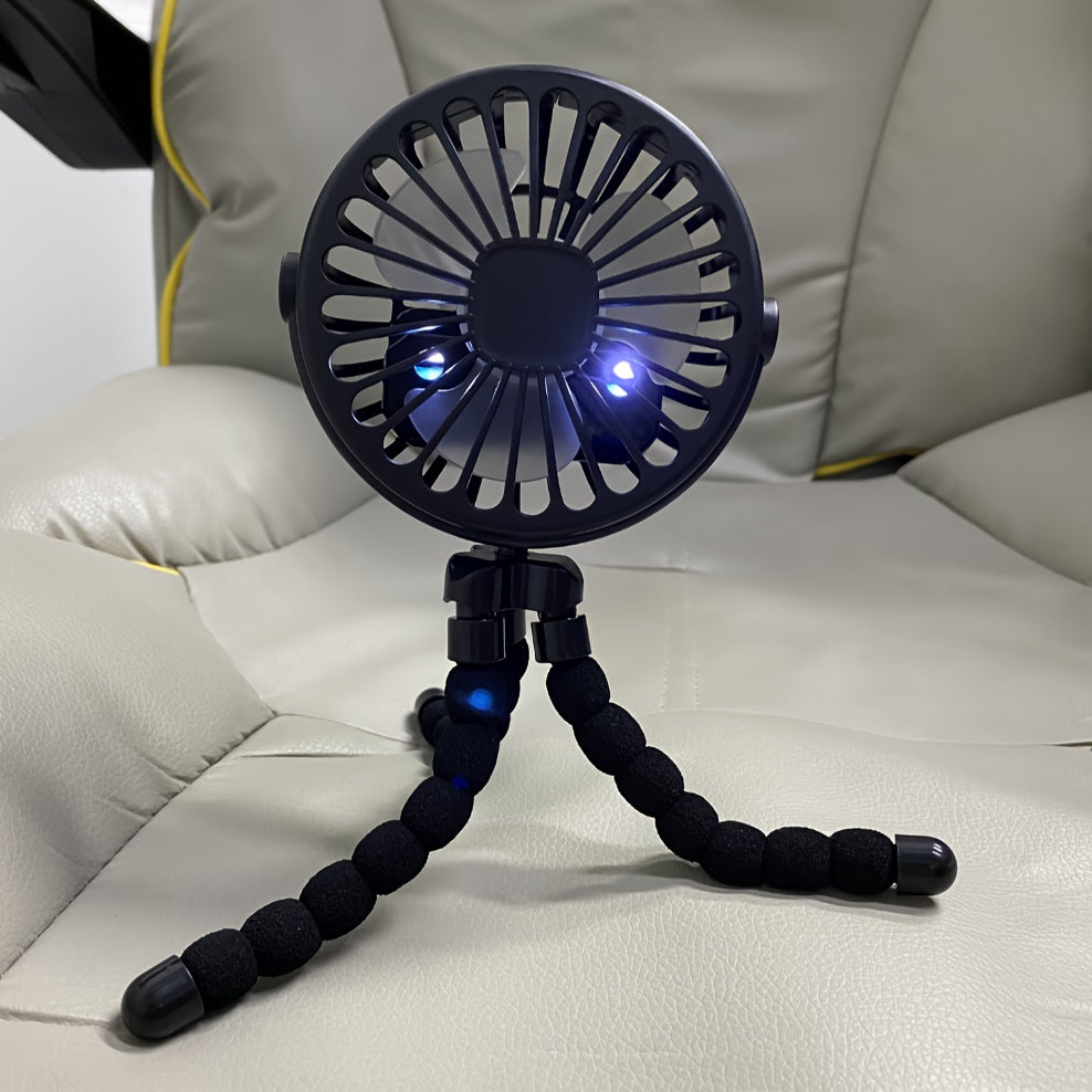 Enjoy daily convenience with this versatile 3-speed portable fan featuring a flexible tripod. Whether you need a quiet fan for your stroller, desk, bike, or camping trip, this USB rechargeable and battery-powered fan has you covered. It includes an AA