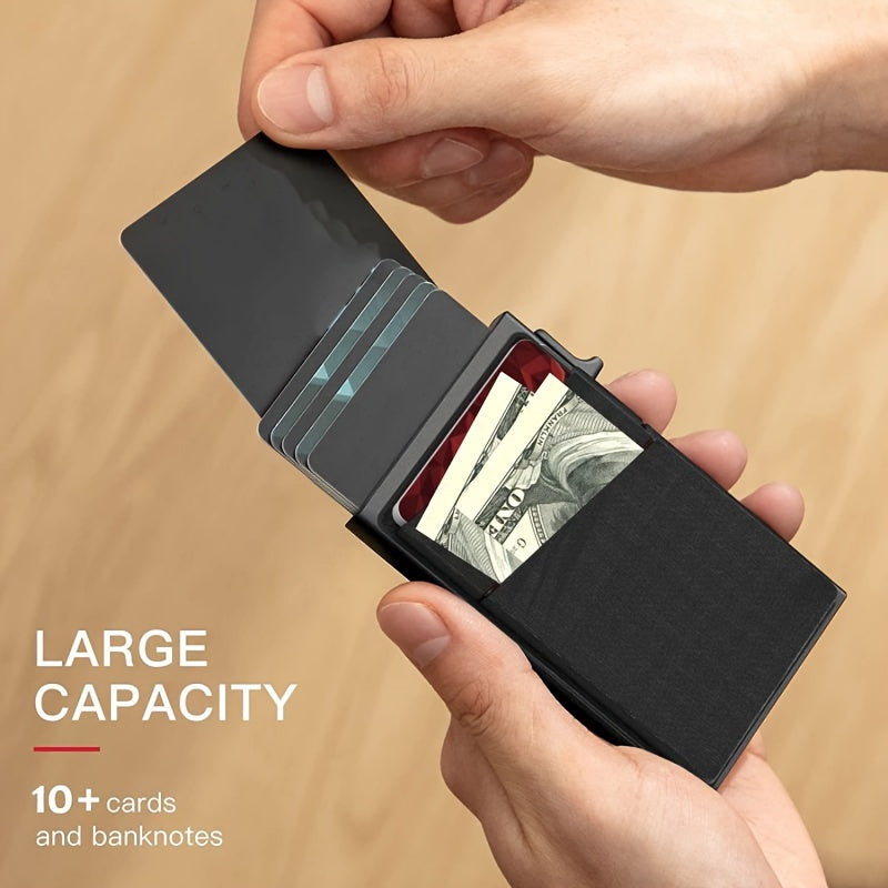 Stylish RFID-blocking aluminum wallet with automatic pop-up credit card holder in black, perfect Valentine's Day gift.