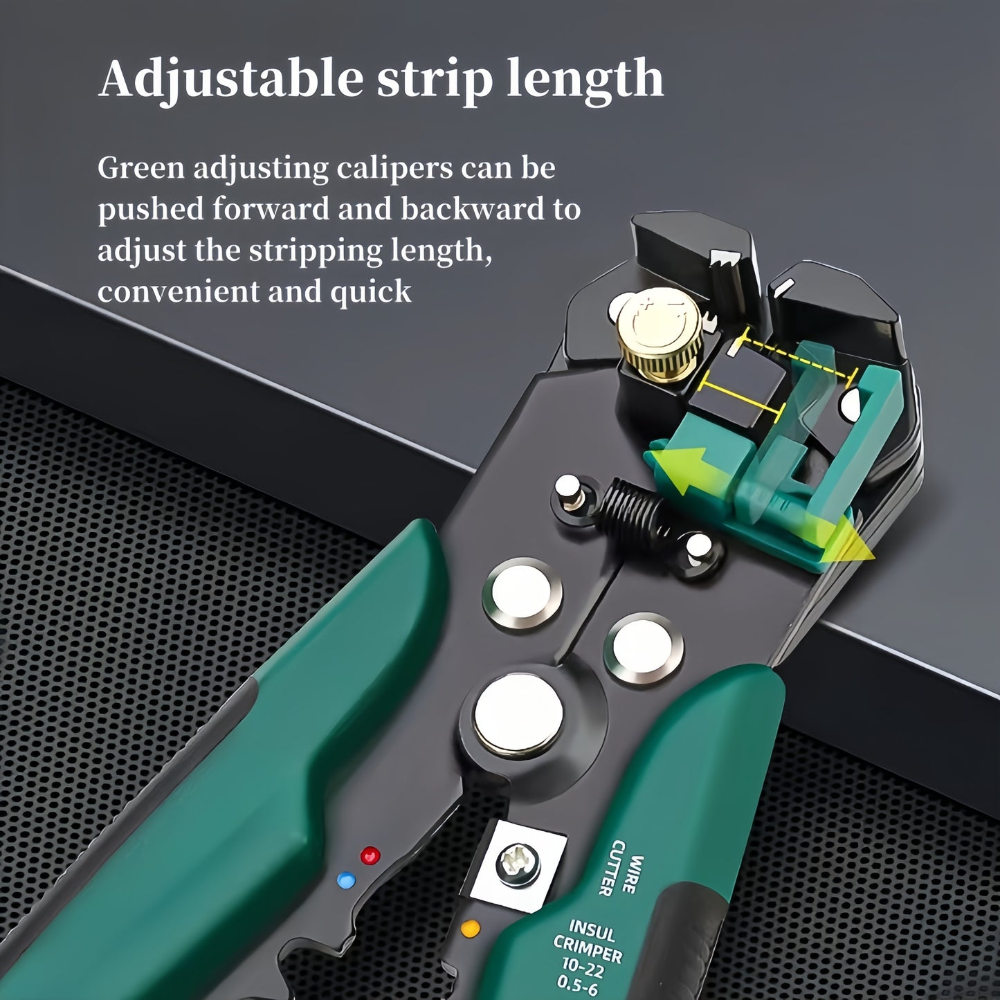 Professional automatic wire stripper and cutter for electricians, with self-adjusting insulation stripping tool and built-in crimper. Durable metal construction.