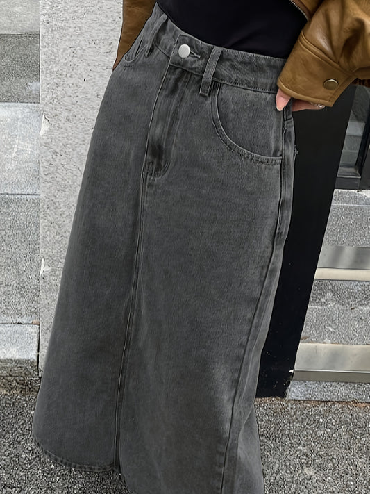 Casual denim skirt in washed grey with split back detailing, women's jeans & clothing.