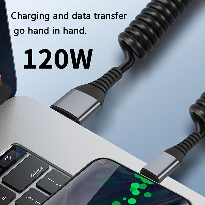 1pc SOZH 120W Super Fast Charging USB to Type-C Cable with Spring Retractable Design, PVC Material, Supports Data Transfer, Compatible with Huawei, Samsung, Apple, OPPO, VIVO - No Battery