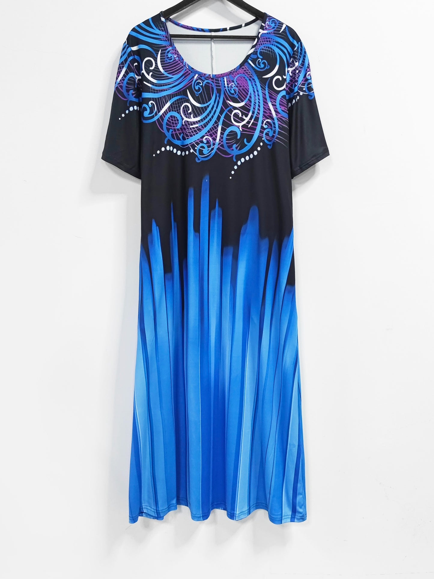 Plus Size Women's Casual Maxi Dress with Pockets featuring Short Sleeve, Round Neck, Floral & Ombre Print, Stretchy Polyester Blend, Machine Washable, Plus Size Dresses.