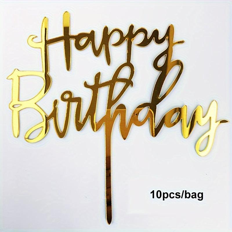 10pcs Golden "Happy Birthday" Acrylic Cake Toppers - Stylish, Durable & Reusable Party Decorations