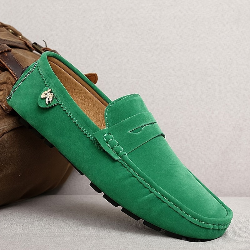 Microfiber loafers with solid color, rubber sole, and polyurethane insole for all-season comfort in casual, party, and wedding activities.