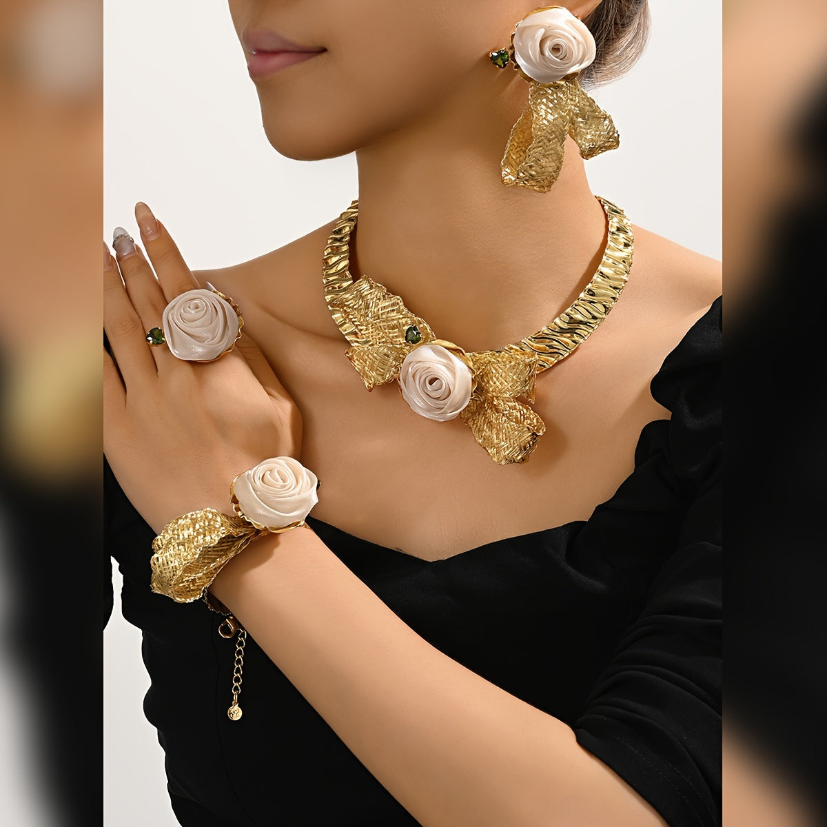 Middle Eastern Wedding Jewelry Set - Golden Rose Necklace, Exquisite Rose Earrings, and Ring. 4 pieces in total, perfect gift for a party or special occasion. Women's Jewelry Set.