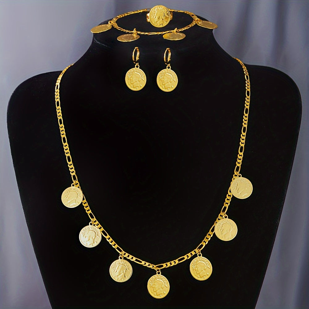 Vintage Boho Lady Jewelry Set: Includes necklace, earrings, and bracelet. Made with 18K gold plating and copper base. Perfect for parties and celebrations.