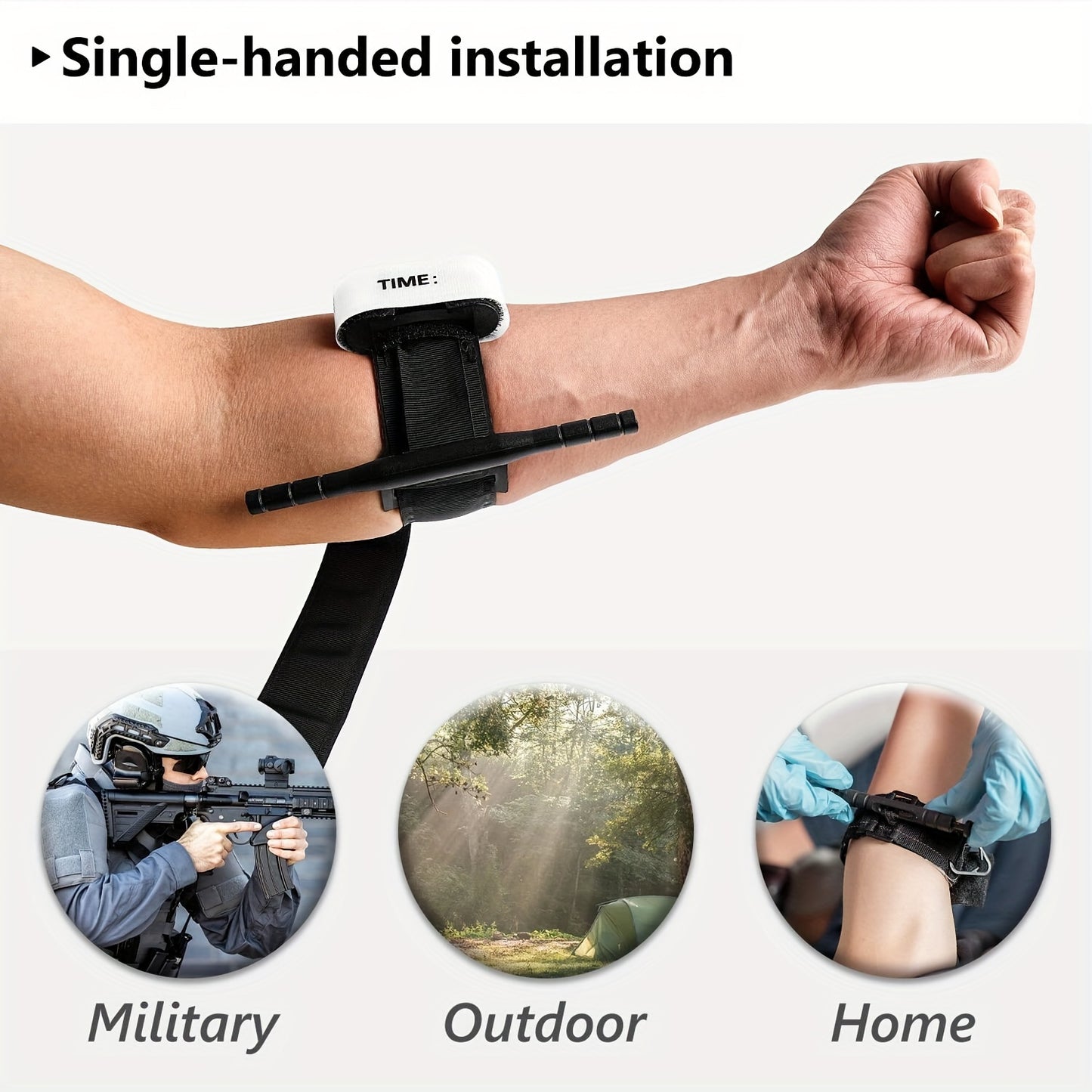 Black tactical tourniquet pack with self-adhesive metal buckle and single-handed windlass system for arterial control.