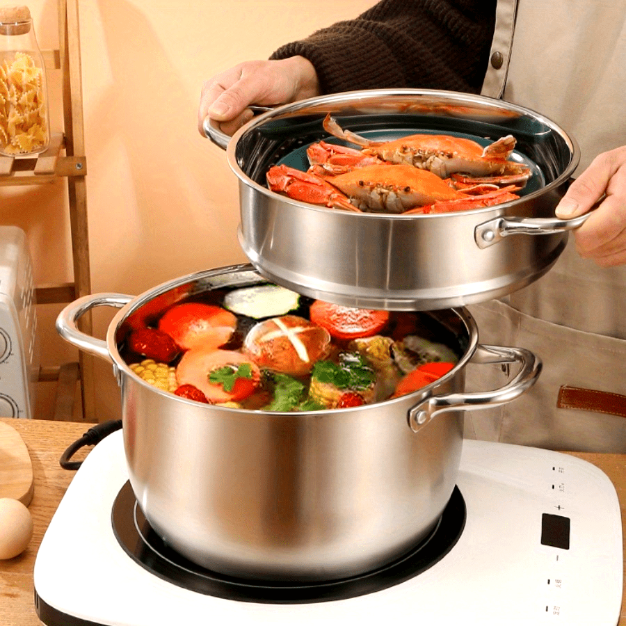 3-piece Stainless Steel Cookware Set - Multi-functional Steamer and Soup Pot Featuring a Double-Layer Design for Effortless Cooking and Serving