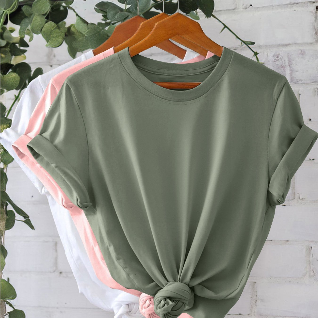 Set of 3 women's solid color T-shirts with short sleeves, crew necks, and knot detail, perfect for summer and spring. Machine washable and lightweight.