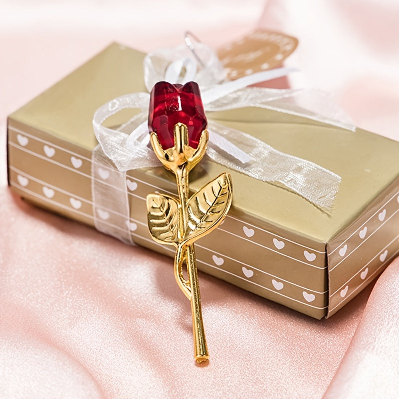 Valentine's Day gift: Crystal Glass Rose Flower in Mini Forever Red Golden Artificial Rose Box for Girlfriend, Wedding Guest, Cool Mom, Mother's Day, and Wedding favors.