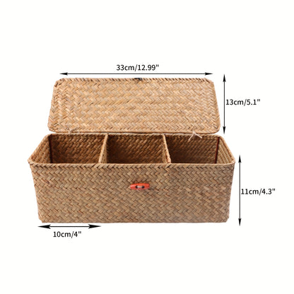 Rectangular seagrass storage basket with lid, durable woven organizer with compartments for snacks, toys, and more. Natural aesthetic with red button closure. Shelf baskets included.