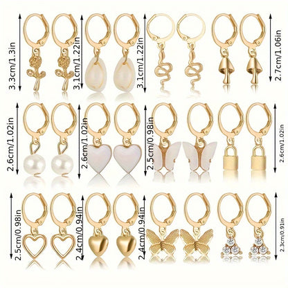 Multi-purpose set of earrings with elegant and simple designs including hearts, butterflies, flowers, and mushrooms, made of zinc alloy with stainless steel posts, suitable for everyday