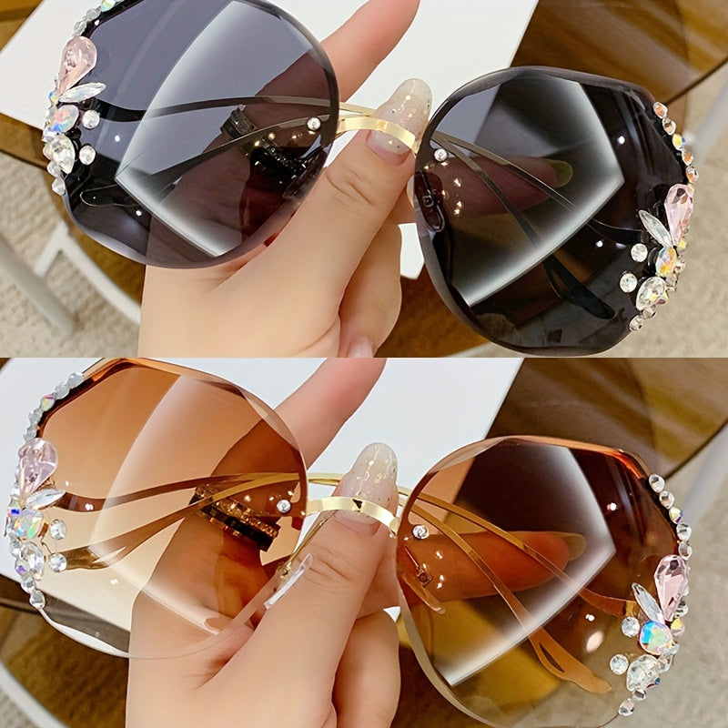 Purchase one and receive one free rhinestone glasses with a frameless gradient lens and a unique bent leg design.