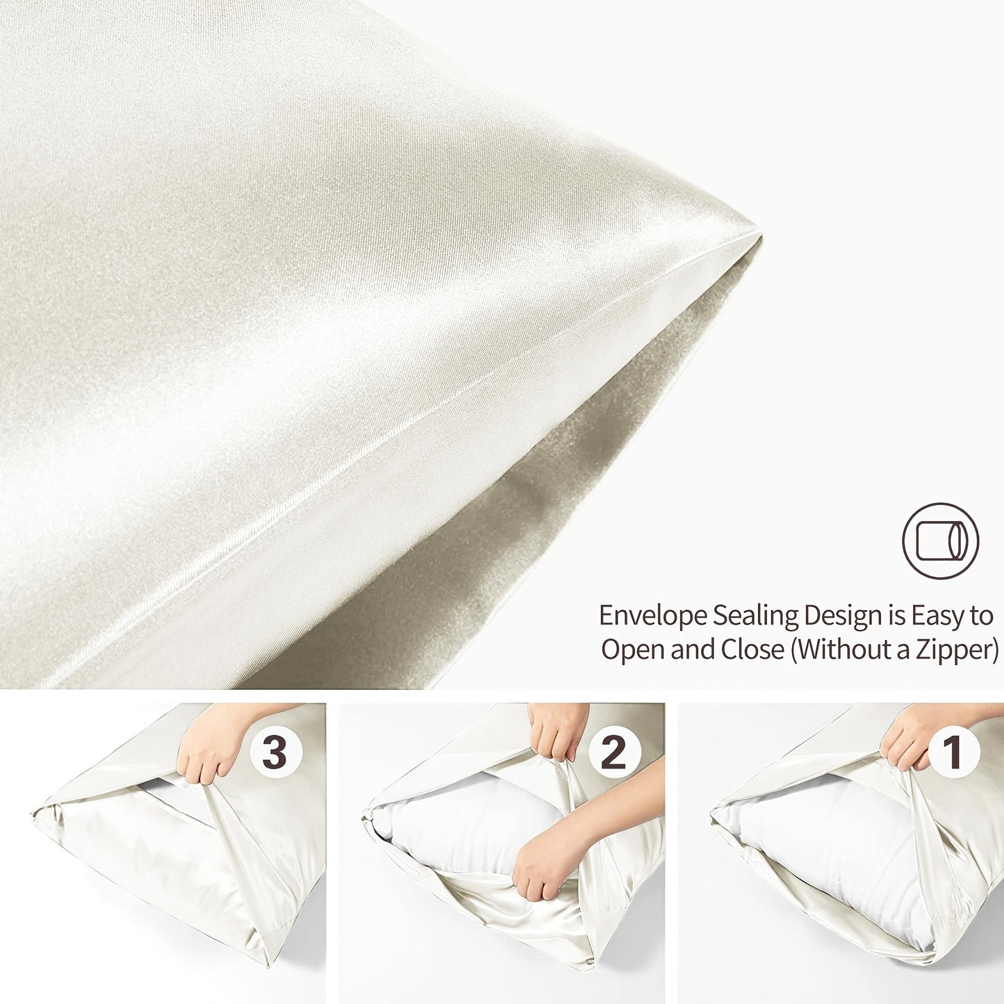 Two satin pillowcases in a pack made from 100% polyester material. Features an envelope closure and smooth texture to prevent hair breakage. These pillowcases are also wrinkle-resistant, machine washable, and weigh 80-85gsm. Available in a solid color