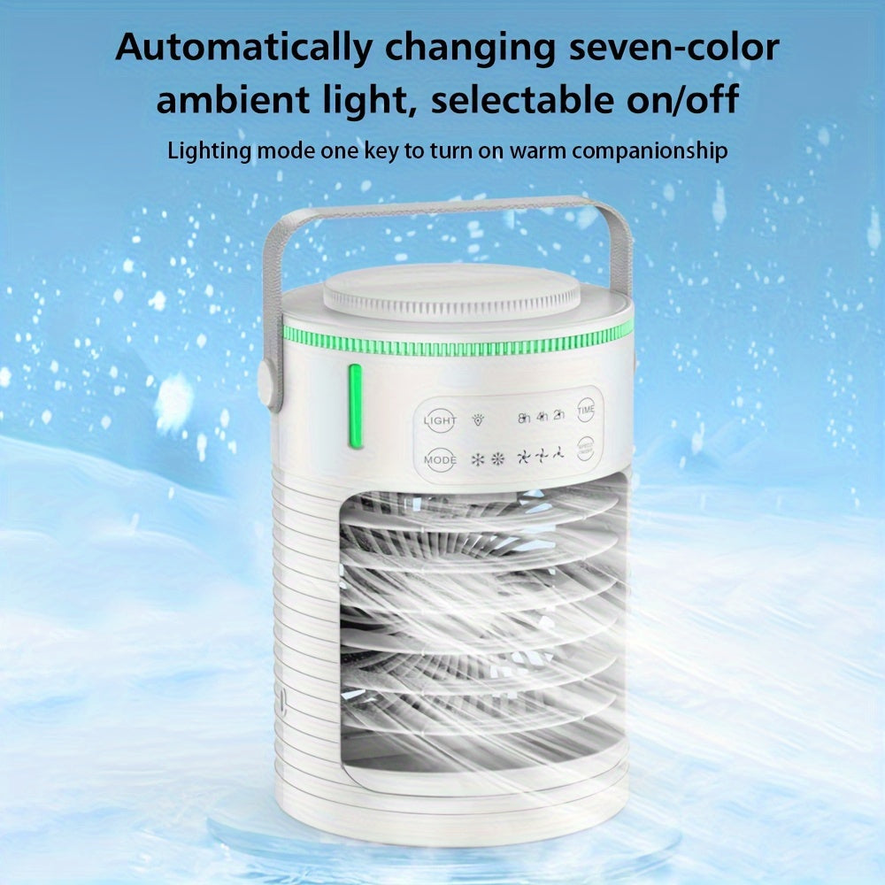 The CF-516 Portable Mist Fan with Colorful Lights is a versatile device that offers a range of features including a humidifier, 3-speed wind settings, 2-level moisture control, USB power, touch control, adjustable angle, quiet operation, and a timer