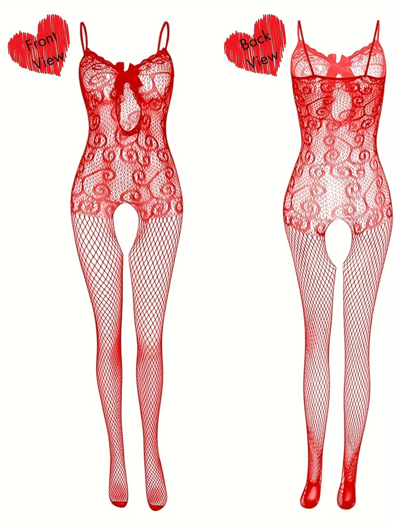 Women's sexy red lace fishnet bodysuit, perfect for date nights, parties, and special occasions. Can be worn as pajamas, underwear, or clubwear. Great for Valentine's Day, bridal nights, and honeymoons. Comfortable and elastic fit.