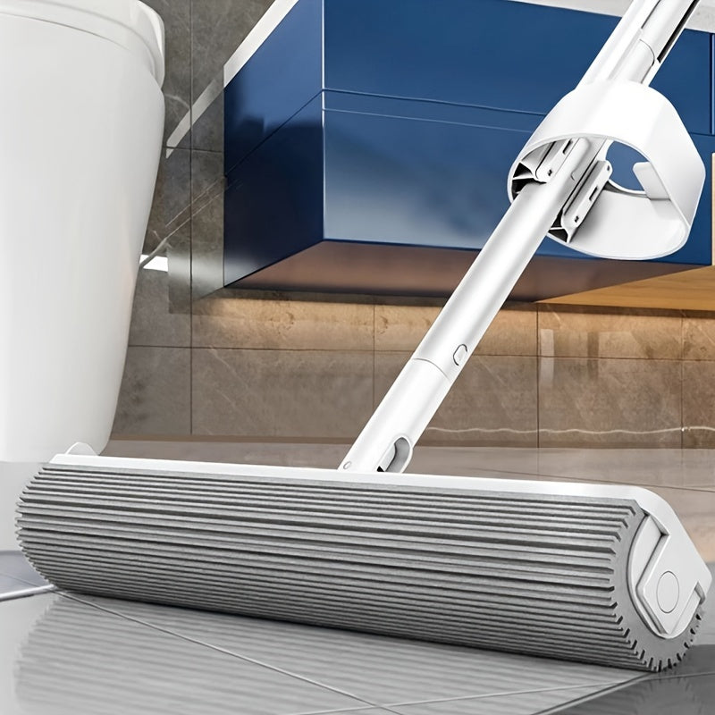 Hands-free self-wringing mop made of silicone and stainless steel, ideal for home use. This dual-purpose absorbent floor cleaning tool is suitable for wet and dry surfaces in various rooms such as the living room, bedroom, bathroom, and even outdoors.