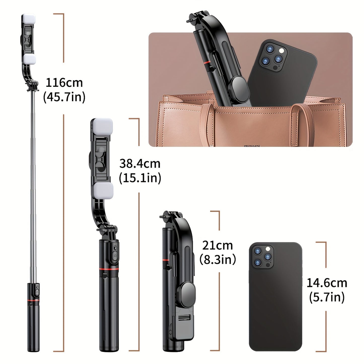 45 inch selfie stick with 2 fill lights, upgraded tripod, detachable remote, and compatibility with iPhone and Android smartphones.