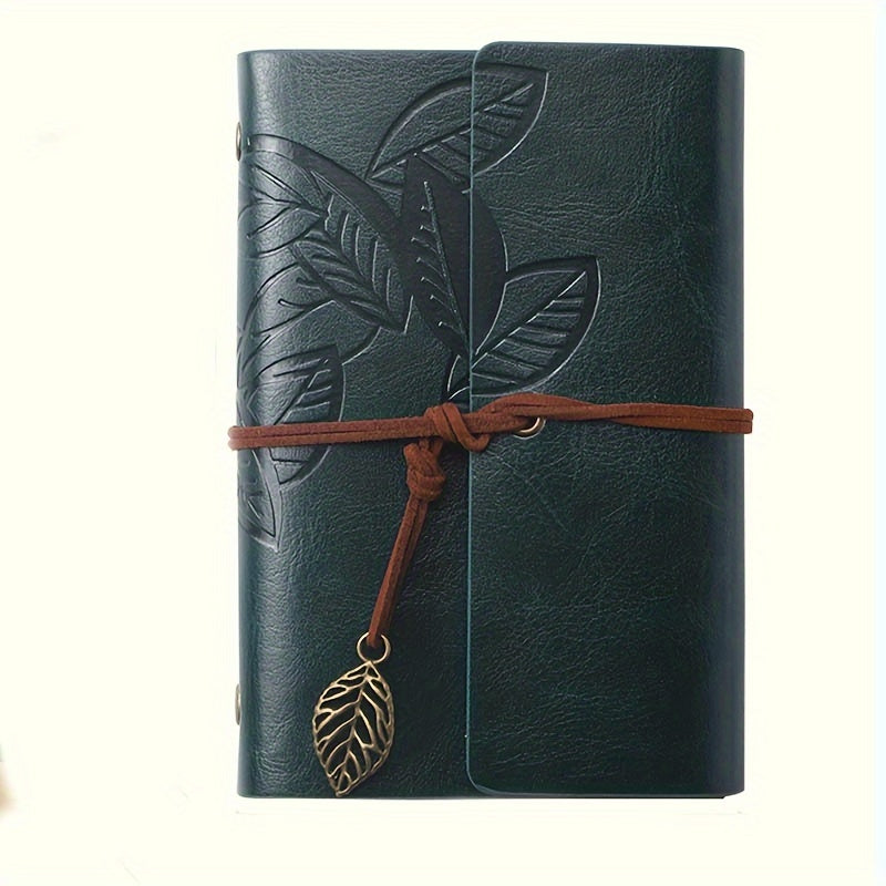 Vintage spiral-bound faux leather notebook with leaf-embossed design and strap closure, available in black, orange, and blue, perfect for students and travelers.