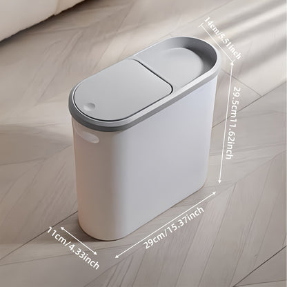 Durable plastic trash can with built-in handle for small spaces such as bathrooms, laundry rooms, and home offices.