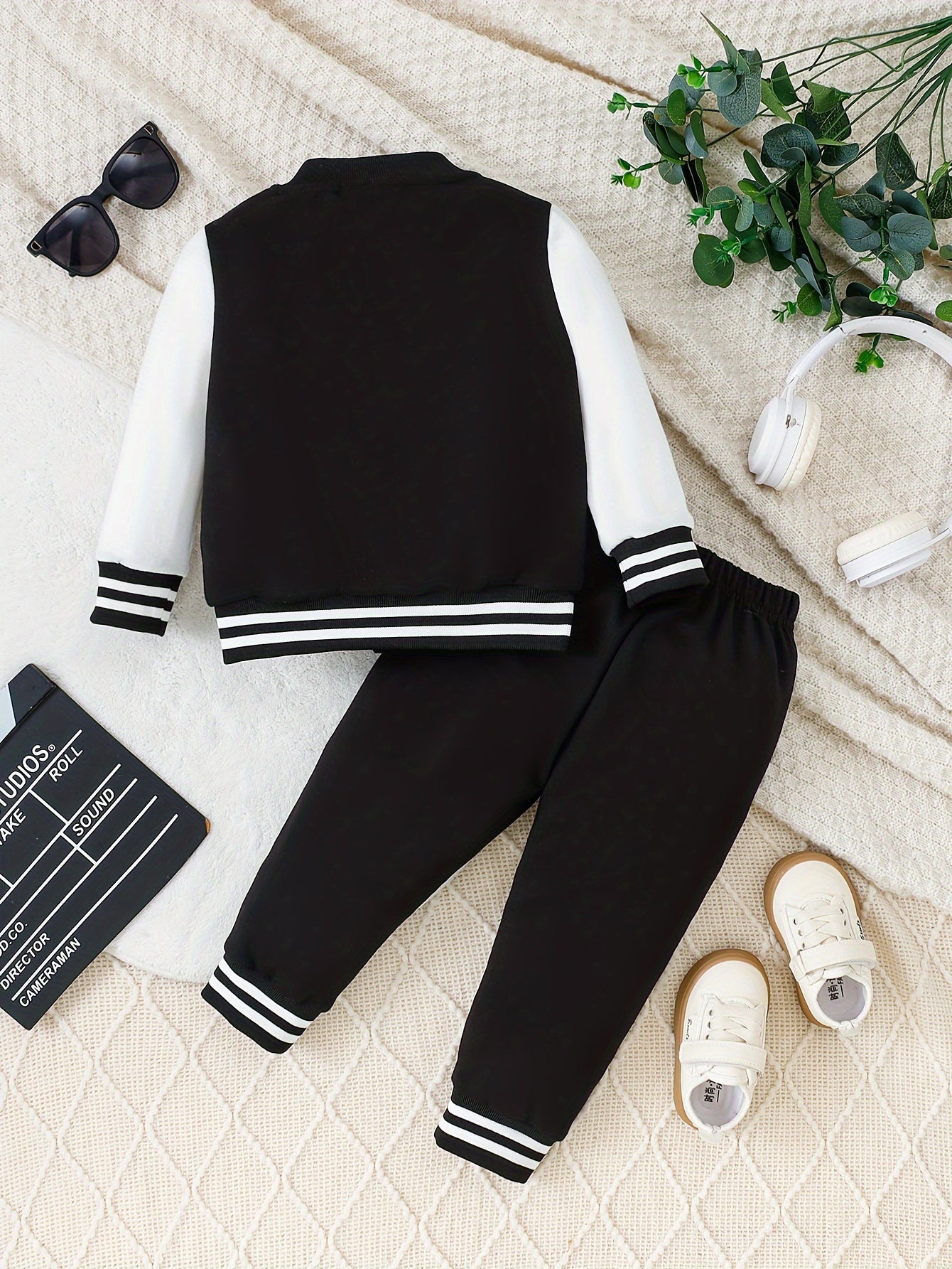 Infant Boys 2-Piece Outfit Set with Letter A Embroidered Top and Casual Pants in Polyester Knit, Regular Fit for Spring/Autumn, Black and White, Outdoor Wear