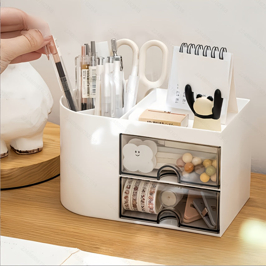 Desk organizer with dual drawers, pen holder, cosmetic and jewelry storage. White plastic design for office supplies, makeup, and gifts.