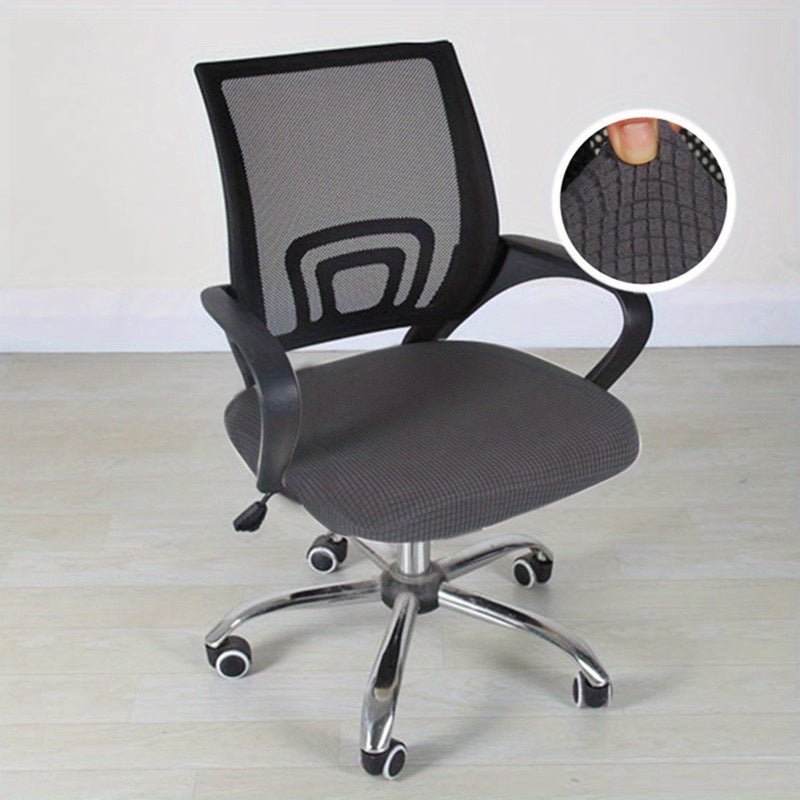 Modern elastic office chair protector made of polyester and spandex. Features non-slip box cushion design and machine washable.