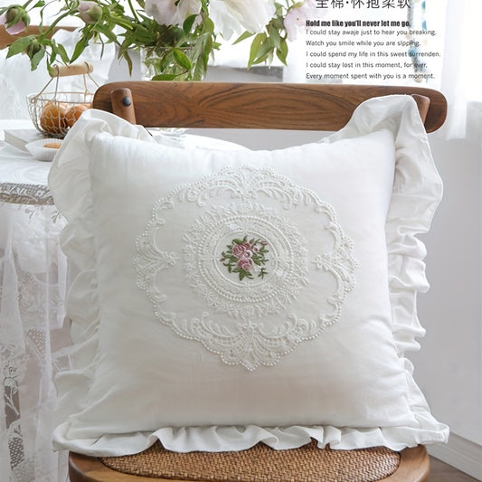 Rustic embroidery pillow case with French ruffle, for living room or bedroom decor. No pillow insert, available in 18"x18" or 12"x20" sizes.