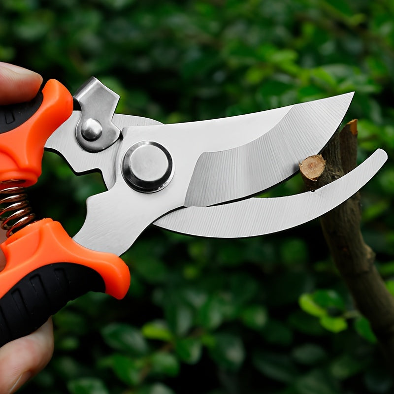 Stainless steel fruit and branch scissors with multi-functional, anti-slip design for labor-saving manual pruning.