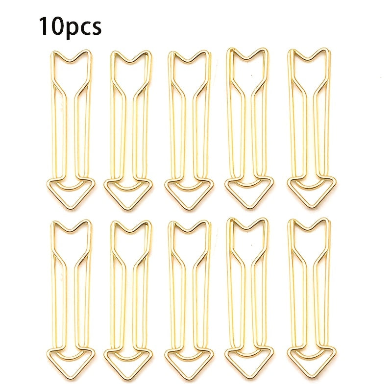 10 Arrow-shaped Paper Clips, Creative Colorful Cartoon Spiral Clips, Metal W-shaped Office Data Clips, Golden Memo Clips, File Binding Clips