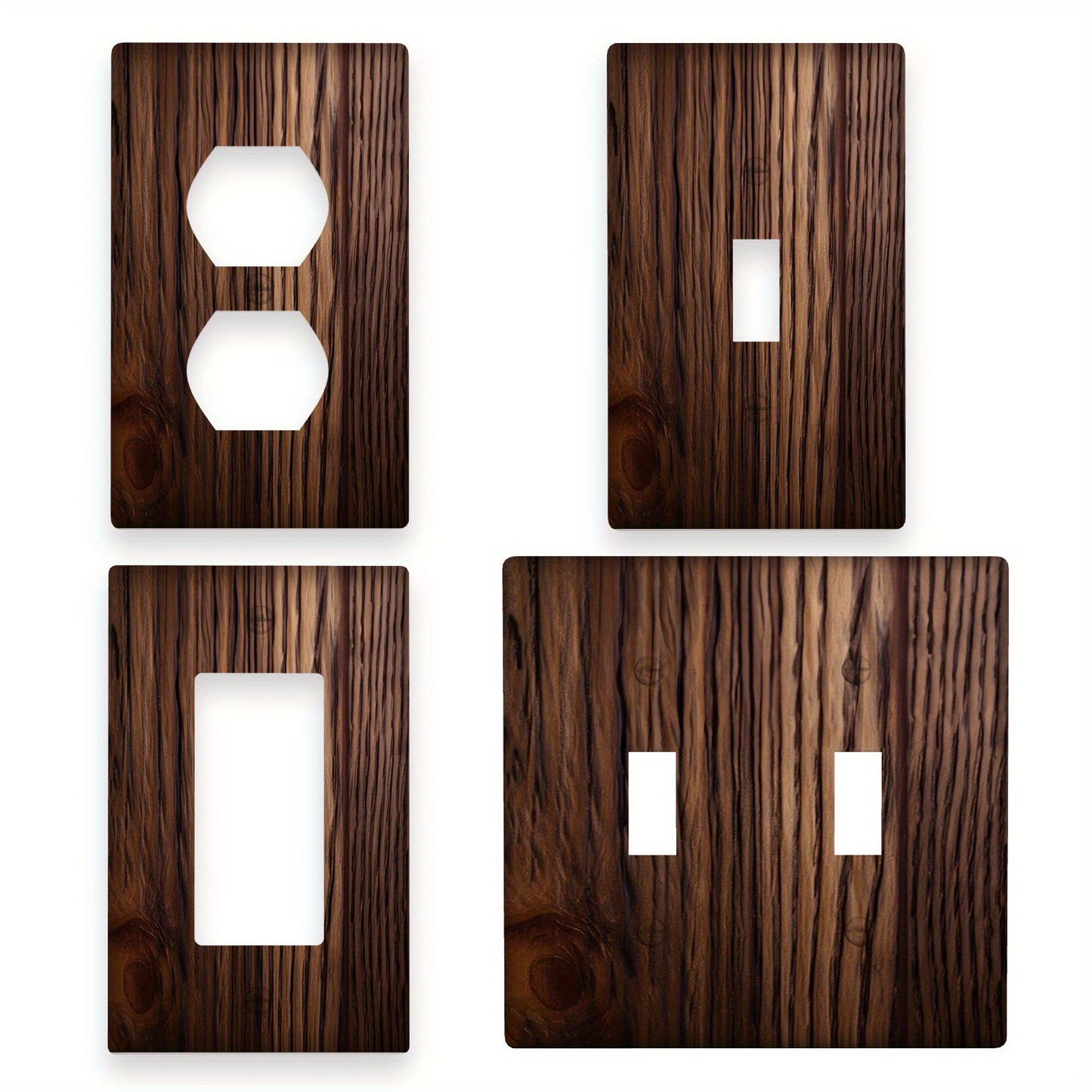 Wood grain wall plate cover for light switches, no power required, easy to clean, available in 1-gang or 2-gang sizes.