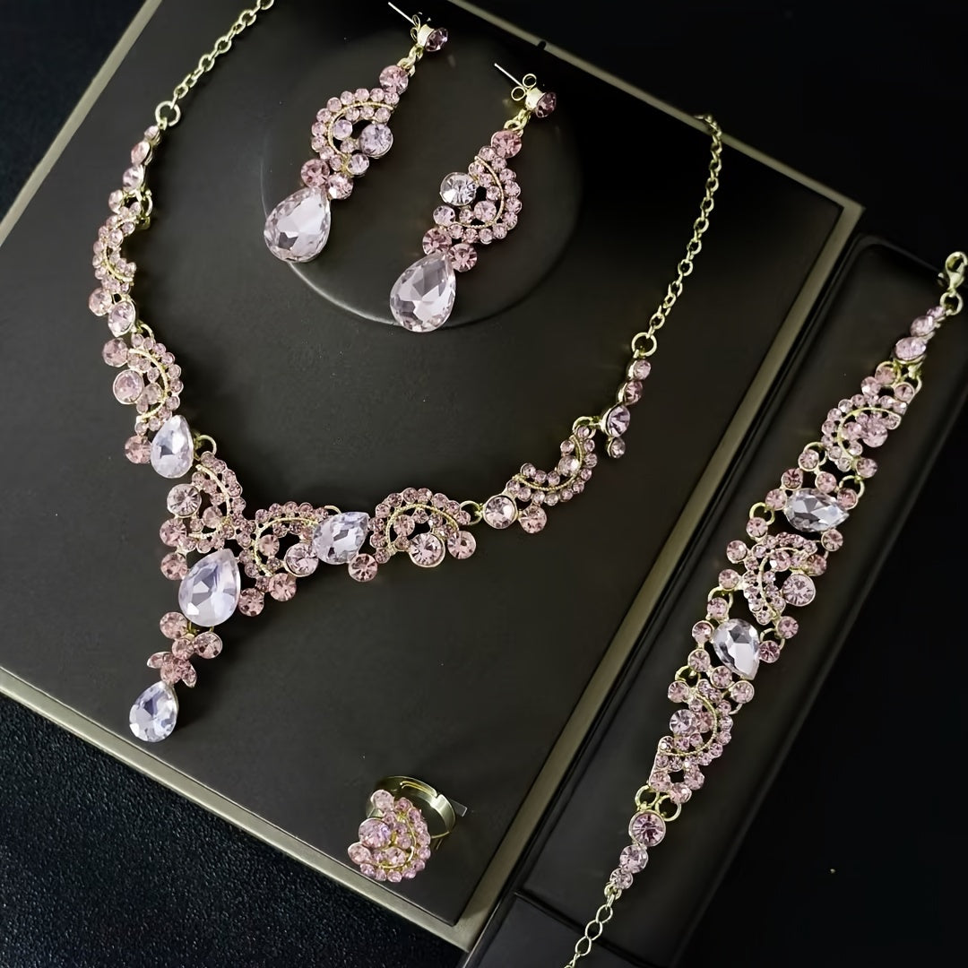 Exquisite 5-piece Jewelry Collection for Women - Made with Zinc Alloy and Sparkling Rhinestones, Featuring Earrings, Necklace, Bracelet, and Ring - Perfect Addition to Your Wedding, Party, or Banquet Attire