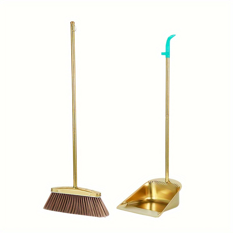 PMMJ Stainless Steel Broom and Dustpan Set with serrated edge, long handle, and vertical design for efficient indoor/outdoor hair removal.