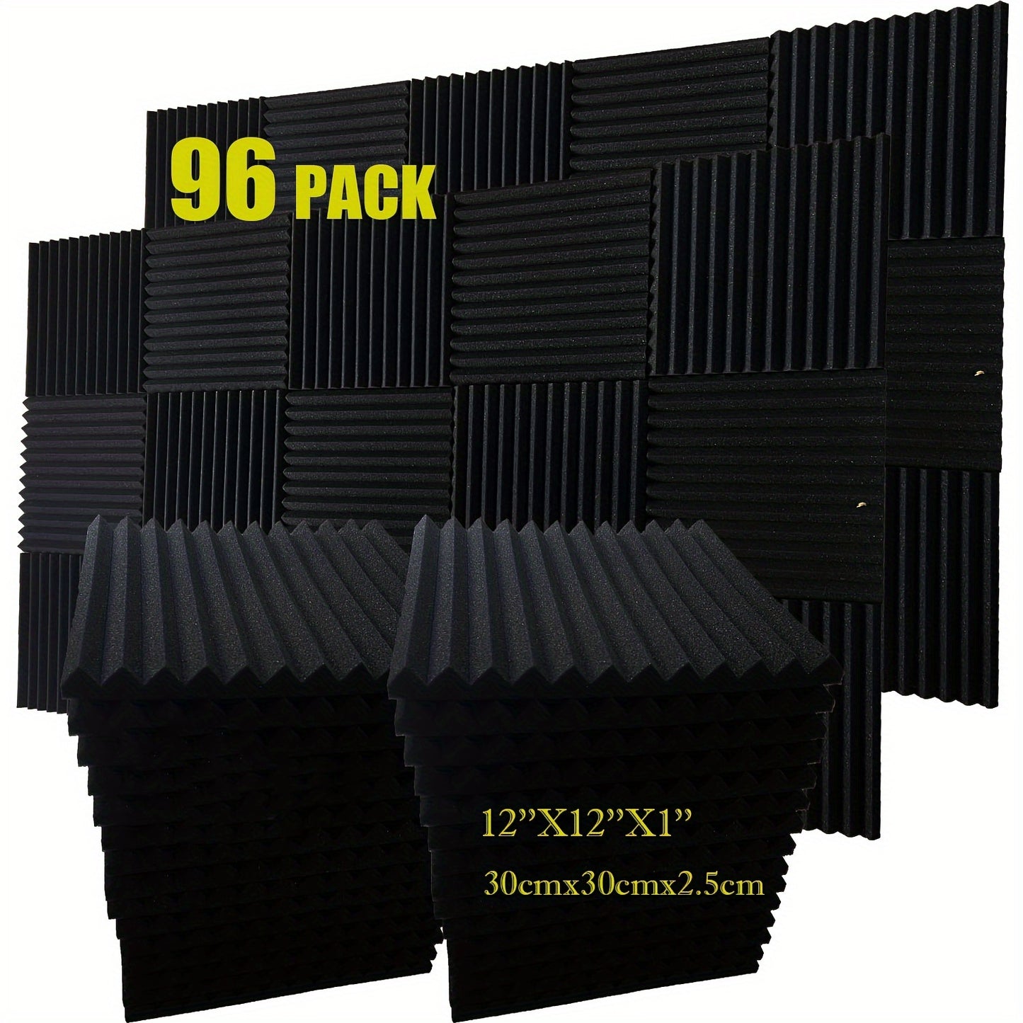 96 pieces of black acoustic foam wedge soundproof wall panels measuring 30.48x30.48x6.35 cm. High-density foam suitable for various settings like studios, bedrooms, offices, gyms, and