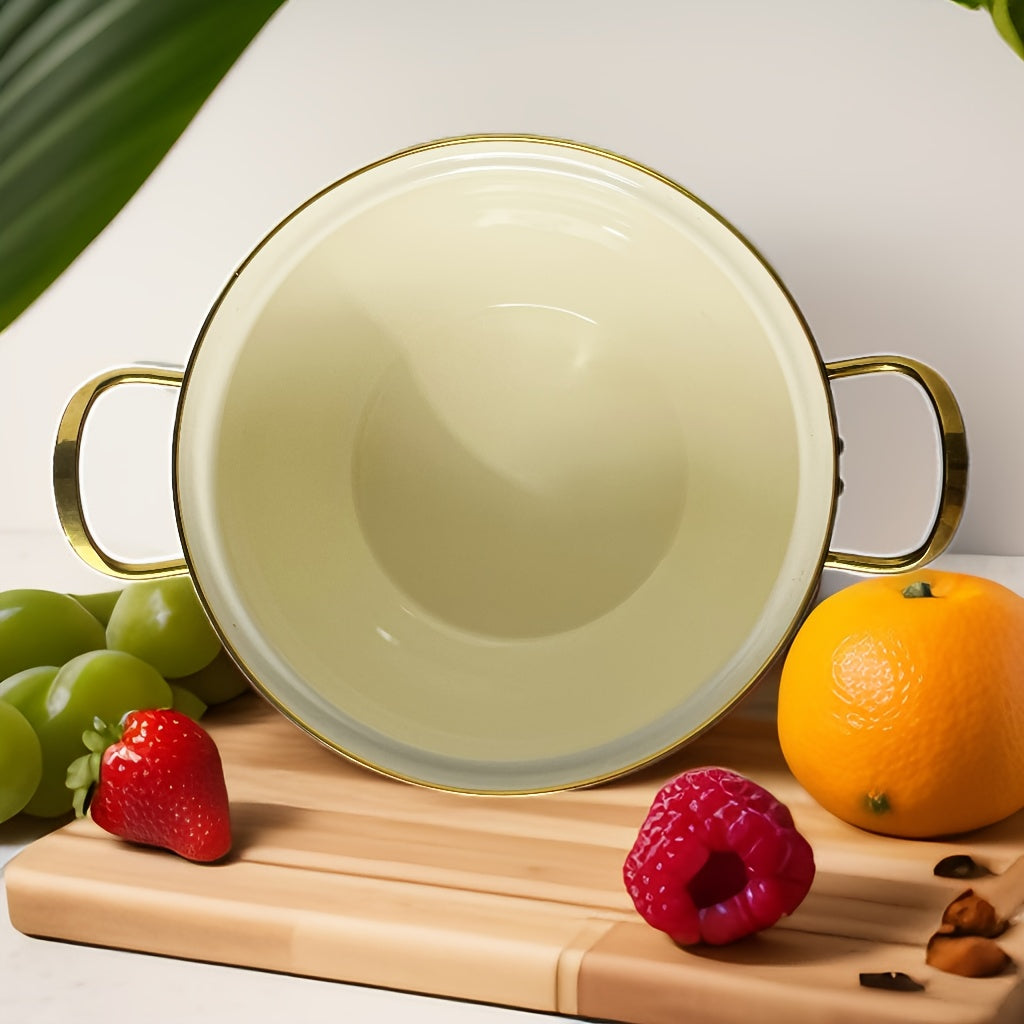 Large capacity enamel coated stockpot with lid, featuring a thick construction and vintage style. This double-handled stew and soup pot is perfect for versatile cooking and is suitable for gas and induction cooktops.