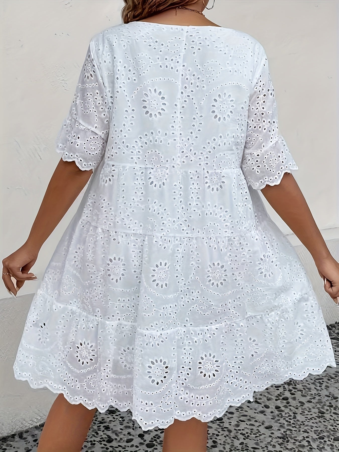 Lace-trimmed plus size dress with eyelet embroidery, round neck, short sleeves, and mesh fabric, ideal for spring and summer.