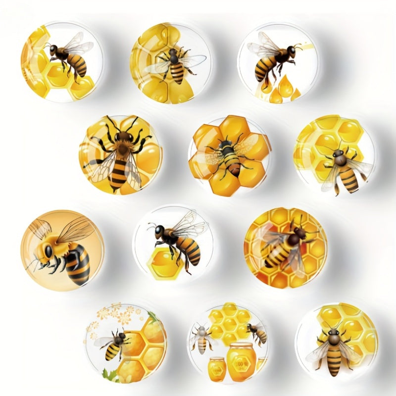 Glass Bee and Ocean Themed Refrigerator Magnets Set of 12 - Circular Magnetic Stickers for Whiteboard, Cabinet, and Dishwasher - Perfect for Kitchen, Office, or Classroom Decor