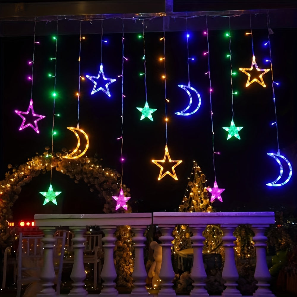 1 set of LED fairy curtain lights with stars and moon for decoration during various events including Ramadan, Valentine's Day, weddings, birthdays, graduation ceremonies, parties, and