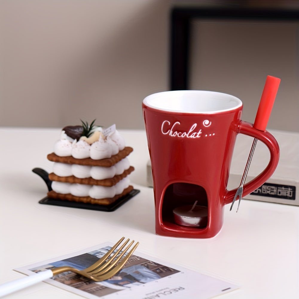 White ceramic cup for melting ice cream, cheese, or chocolate with a fork for holding candles and heating coffee; 150ml/5oz novelty mug.