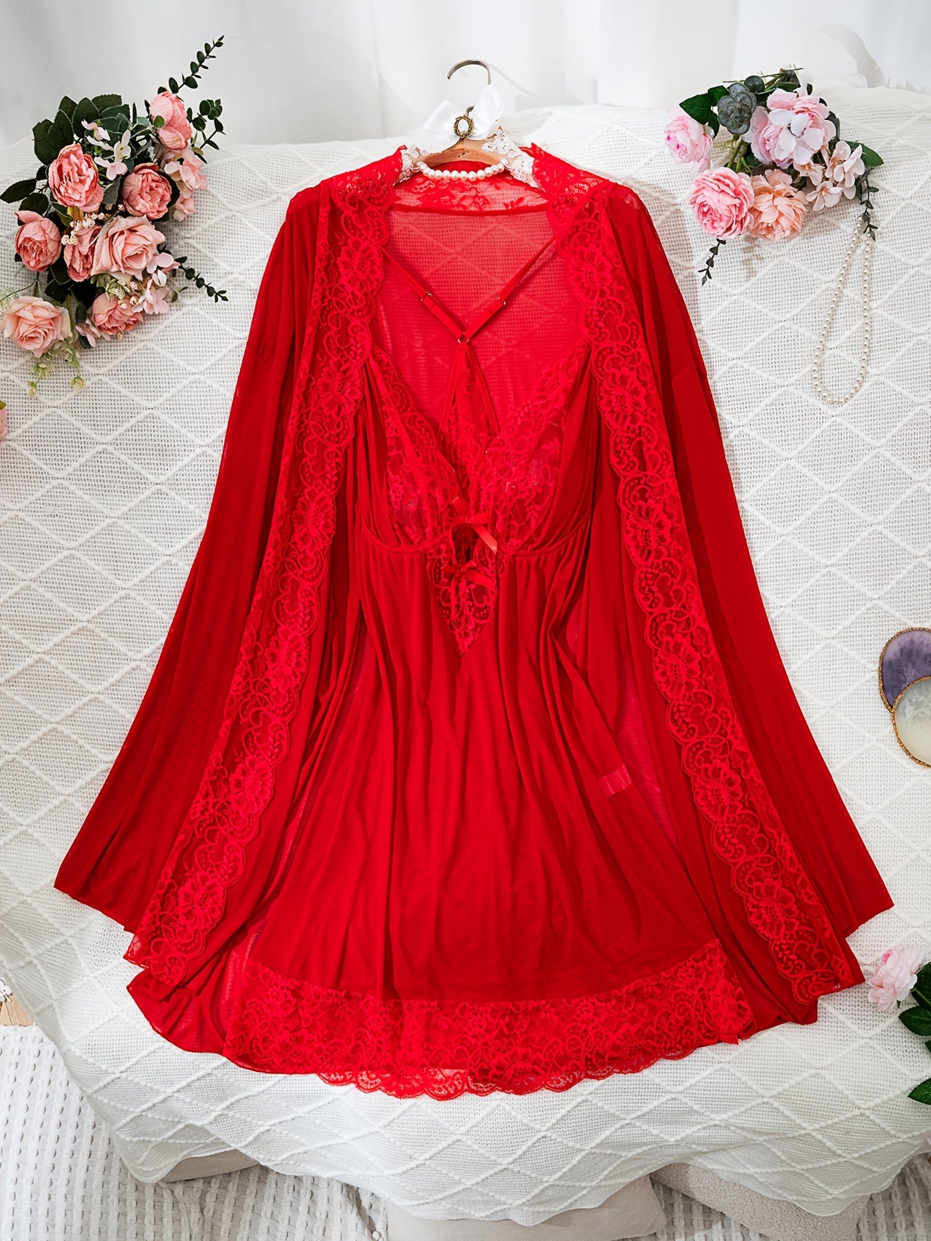 Elegant red lace-trimmed robe and slip dress set for women, semi-sheer with no padding.