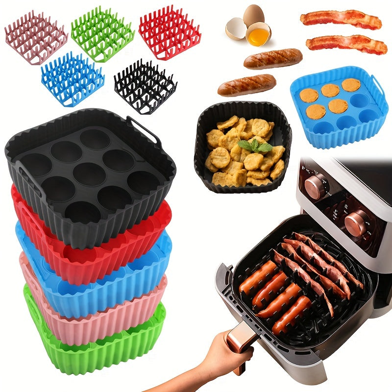 Premium Square Air Fryer Silicone Set includes a bacon & hot dog rack, 9-cavity cake mold, and air fryer pan. This BPA-free and dishwasher safe set is compatible with 7QT+ air fryers.