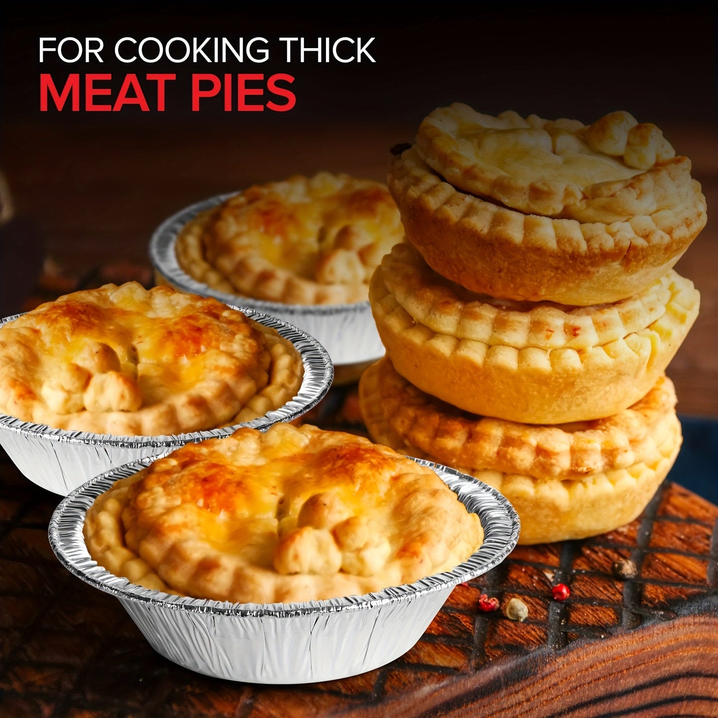 Get 50 pieces of 12.7 cm heavy-duty disposable aluminum foil pie pans for baking personal mini pies. These mini pie tins are perfect for easily stacking and storing, and can also be frozen and reheated.