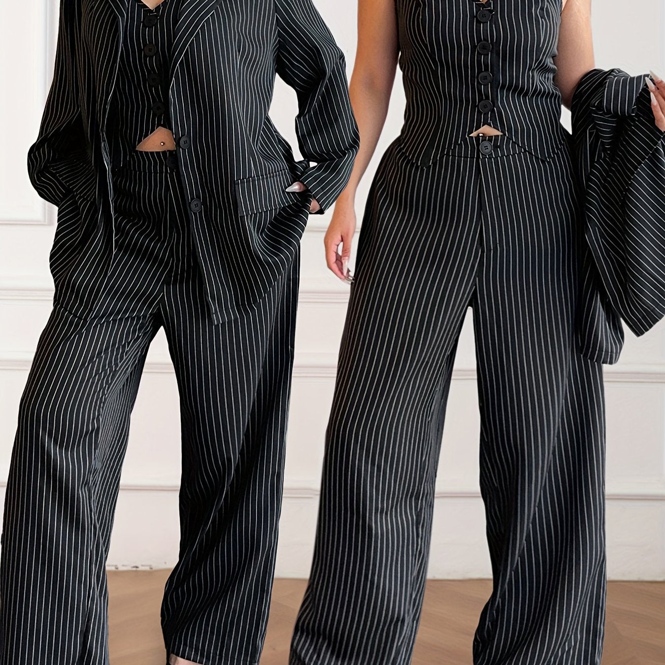 Women's three-piece suit with striped long sleeve jacket, v-neck vest, and trousers for commuting and parties in larger sizes.