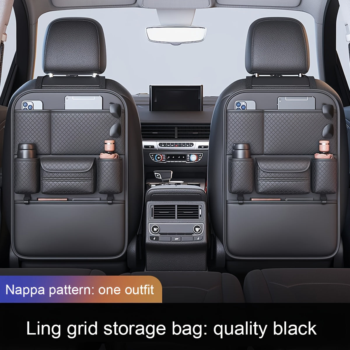 Ling Grid Backrest Storage Bag: Large Capacity PU Leather Car Seat Organizer