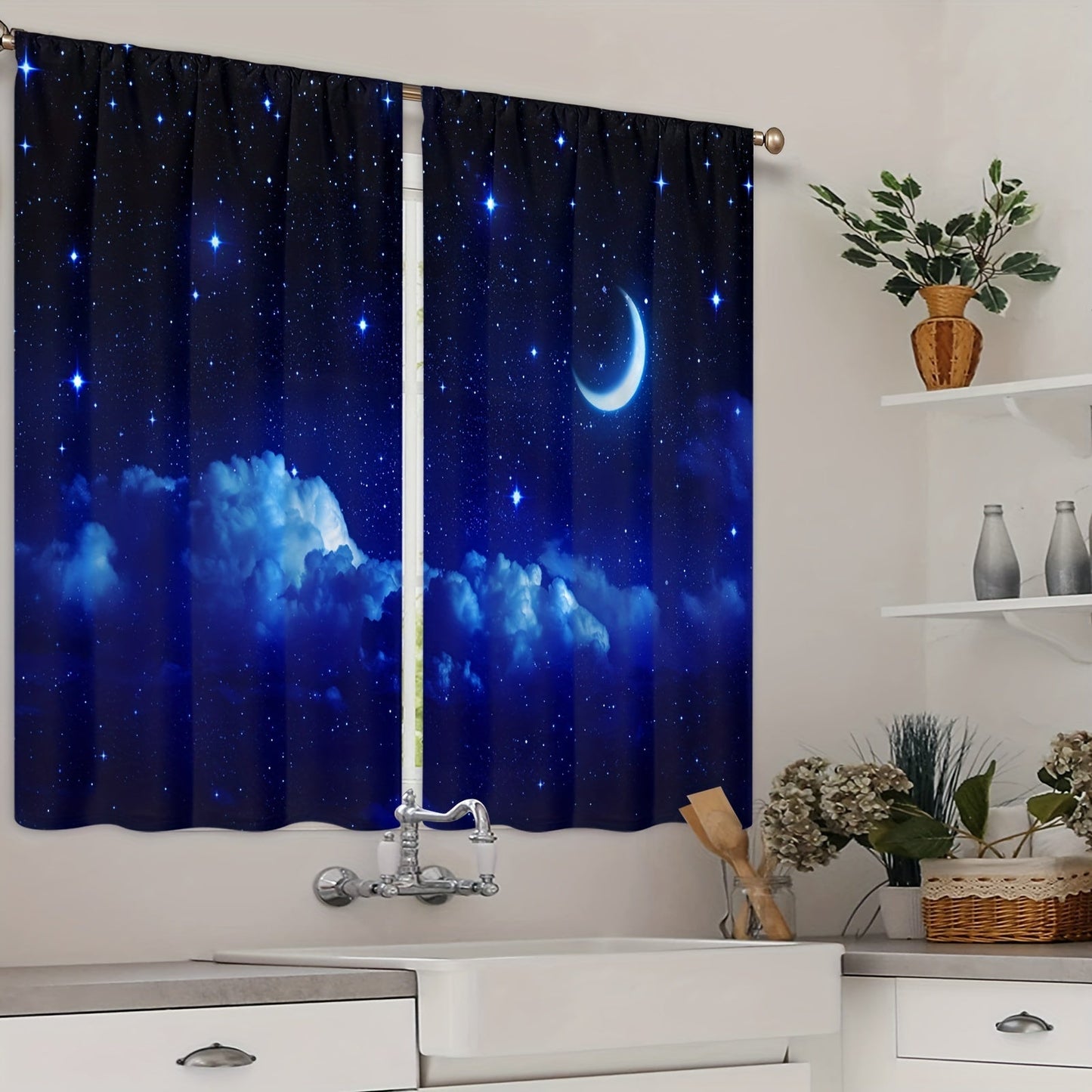 Two pieces of Galaxy-themed window curtains with a starry sky design. These rod pocket drapes are suitable for use in any room, including the kitchen, study, bedroom, living room, and playroom. They are made of soft and stylish fabric for a beautiful