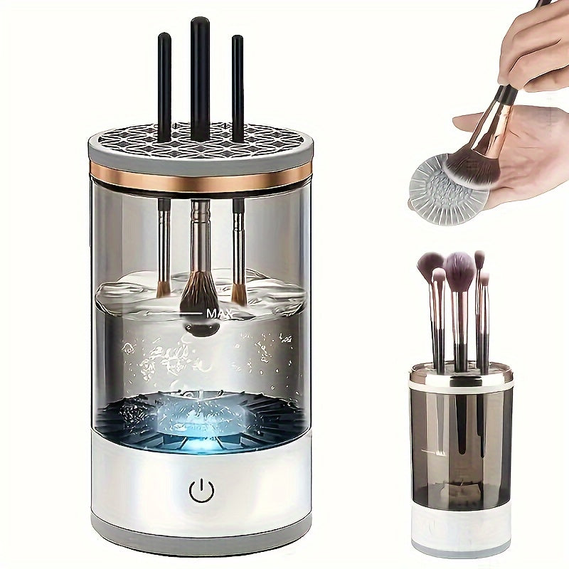 Electric makeup brush cleaner and dryer machine with USB power and universal silicone cap for all brushes, providing fast cleaning and drying for home use.